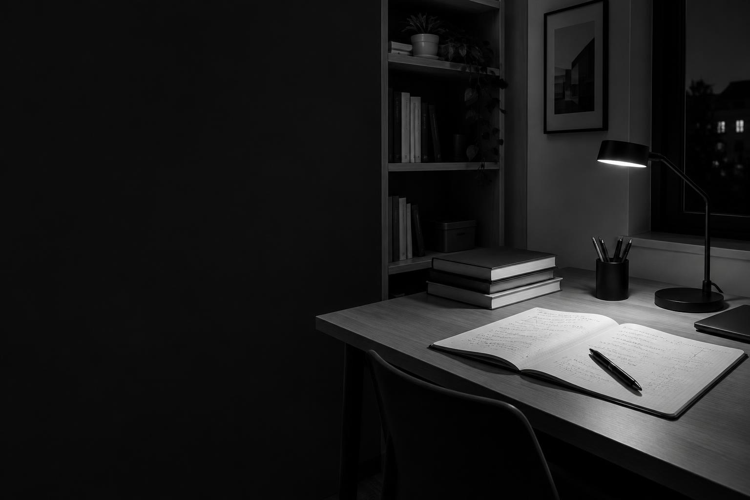 Mesa de estudos com livros, caderno de matemática e luminária
